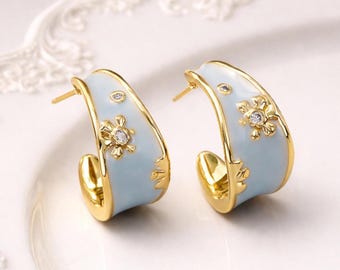 Floral Enamel Hoop Earrings | Vintage Inspired Gold Plated Jewelry | Colorful Statement Earrings |  Everyday Wear