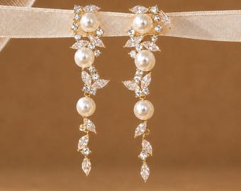Orecchini pendenti lunghi da sposa con perle / Orecchini da sposa con cristalli / Orecchini pendenti floreali / Gioielli da sposa a lampadario / Orecchini da sposa