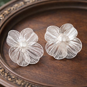 Statement Floral Pearl Earrings | Chunky Silver Flower Stud Earrings | Bold Pearl Studs | Unique Jewelry