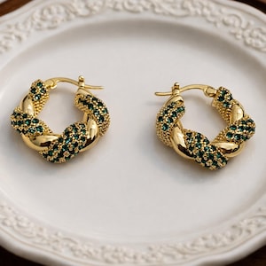 Chunky Emerald Crystal Hoop Earrings| Gold Statement Jewelry | Gift For Her
