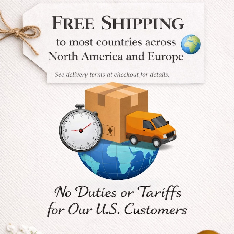 Może przedstawiać: Obraz z tekstem "FREE SHIPPING" nad grafiką kartonowego pudełka, pomarańczowej furgonetki dostawczej i stopera na niebieskim globie. Poniżej znajduje się tekst "No Duties or Tariffs for Our U.S. Customers".