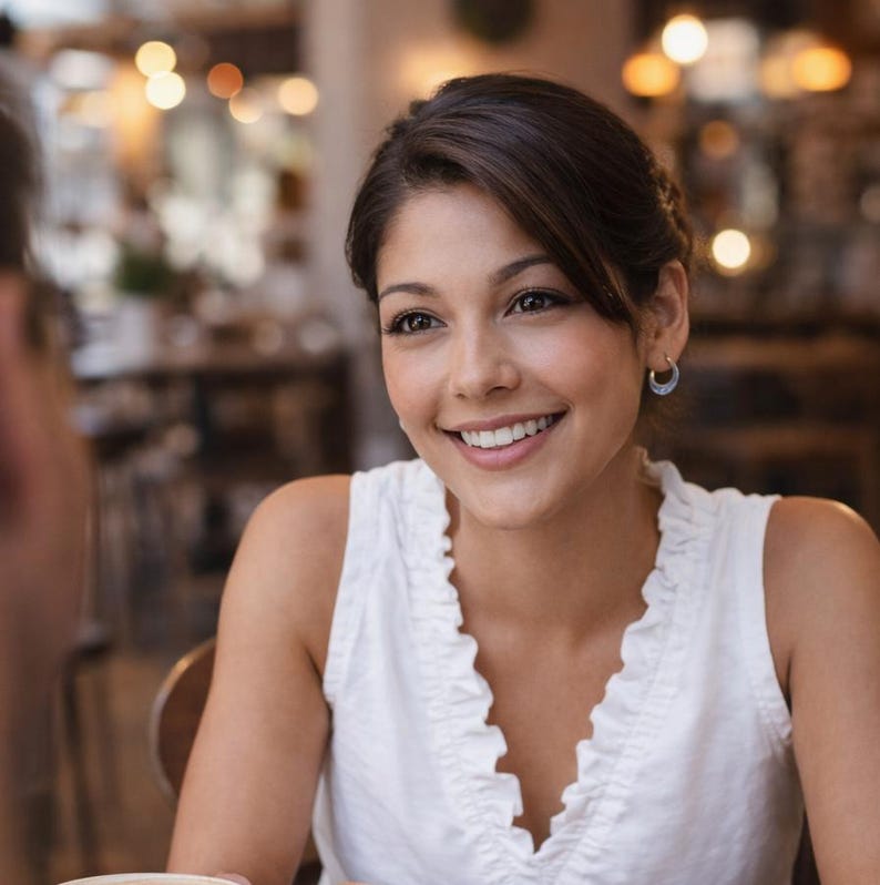 May include: A woman with dark hair and eyes smiles, wearing a white sleeveless top with a ruffled neckline. She is seated in a restaurant, with a blurred background of tables and soft lighting. She wears small silver hoop earrings.