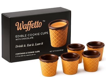 Waffetto Edible Coffee Cups - Chocolate-Lined Cookie Cups, 2.7 fl oz, Gift Box of 6 for Espresso
