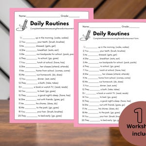 May include: Two educational worksheets titled "Daily Routines" are shown, designed to help students practice sentence completion. The worksheets feature fill-in-the-blank exercises. A sticker indicates that one worksheet is included.