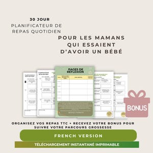 Puede incluir: Un planificador de comidas con el texto "30 JOUR PLANIFICATEUR DE REPAS QUOTIDIEN" y "POUR LES MAMANS QUI ESSAIENT D'AVOIR UN BÉBÉ". El planificador incluye páginas de reflexión y un regalo extra. También se ve el texto "FRENCH VERSION".