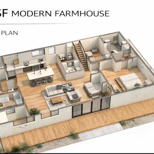 Könnte beinhalten: Ein 3D-Grundriss eines modernen Bauernhauses. Das Bild zeigt einen detaillierten Grundriss des Hauses, einschließlich Räumen, Möbeln und architektonischen Merkmalen. Der Text oben lautet "1622 SF MODERN FARMHOUSE".