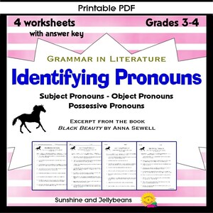 Może przedstawiać: Drukowana karta pracy w formacie PDF dla klas 3-4, z czarno-białą ilustracją konia. Karta pracy nosi tytuł "Identyfikowanie zaimków" i zawiera zaimki podmiotowe, dopełnieniowe i dzierżawcze. Tekst "Fragment książki Czarna Perła autorstwa Anny Sewell" jest również zawarty.