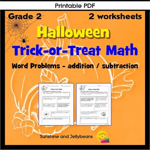 Può includere: Un PDF stampabile con due fogli di lavoro per gli studenti di seconda elementare. I fogli di lavoro hanno un tema di Halloween e si concentrano su problemi di parole di matematica di dolcetto o scherzetto che coinvolgono addizione e sottrazione. L'immagine di copertina mostra una zucca con una ragnatela e un ragno.