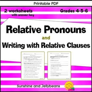 Puede incluir: Hojas de trabajo PDF imprimibles para los grados 4-5-6 sobre pronombres relativos y escritura con cláusulas relativas. Las hojas de trabajo tienen rayas rosas y blancas en el fondo y el texto "Pronombres relativos y escritura con cláusulas relativas" en negro.