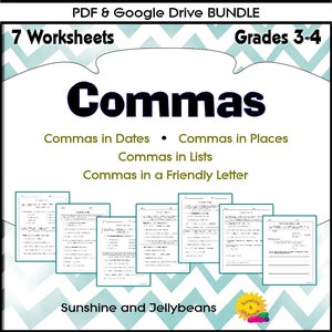 Kommas in Daten, Orten, Listen, Buchstaben - Schreibfertigkeiten no-prep Klasse 2, 3, 4 - PDF und Google Drive Bundle