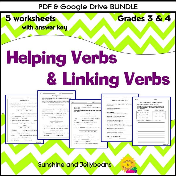 Linking Verbs and Helping Verbs - 5 worksheets & answer key - Grades 3-4 - CCSS - PDF/Google Drive BUNDLE
