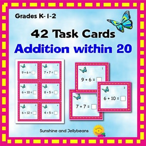 42 Task Cards - Addition within 20 - Fun Math Practice Activity! - Grades K-2