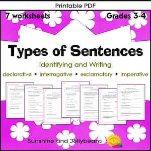 Puede incluir: Una hoja de trabajo PDF imprimible rosa y blanca para los grados 3-4 con el título "Tipos de oraciones: Identificar y escribir". La hoja de trabajo incluye cuatro tipos de oraciones: declarativas, interrogativas, exclamativas e imperativas.