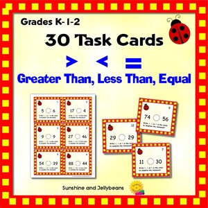 30 Task Cards - Greater Than, Less Than, Equal - Fun Math Practice! - Grades 1-2