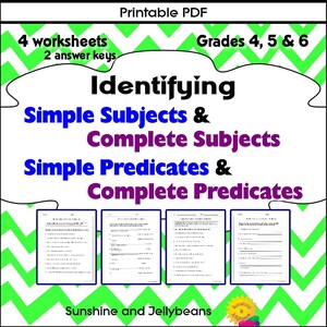 May include: A printable PDF worksheet pack for grades 4, 5, and 6. The worksheets are designed to help students identify simple and complete subjects and predicates in sentences. The cover features a green and white chevron pattern with the title "Identifying Simple Subjects & Complete Subjects Simple Predicates & Complete Predicates".
