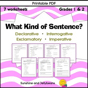 Puede incluir: Un paquete de 7 hojas de trabajo imprimibles en PDF para los grados 1 y 2, titulado "¿Qué tipo de oración?" con 7 hojas de trabajo. Las hojas de trabajo cubren cuatro tipos de oraciones: declarativas, interrogativas, exclamativas e imperativas.