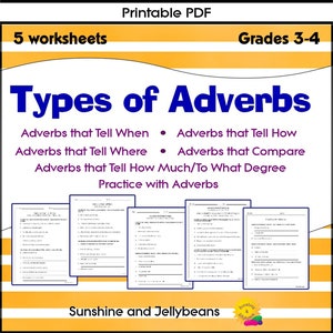 Könnte beinhalten: Ein druckbares PDF-Arbeitsblattpaket für die Klassen 3-4 mit dem Titel "Arten von Adverbien". Das Paket enthält fünf Arbeitsblätter mit Übungsaufgaben zum Identifizieren verschiedener Arten von Adverbien, wie z. B. Adverbien, die angeben, wann, wo, wie und in welchem ​​Grad.