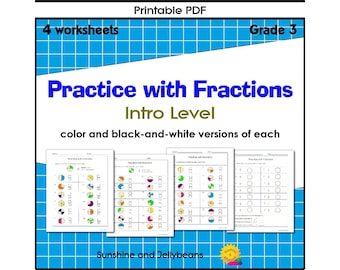 Easy Fraction Practice - Intro Level - 4 worksheets - Grade 3 - color & b/w - Great for practice or review!