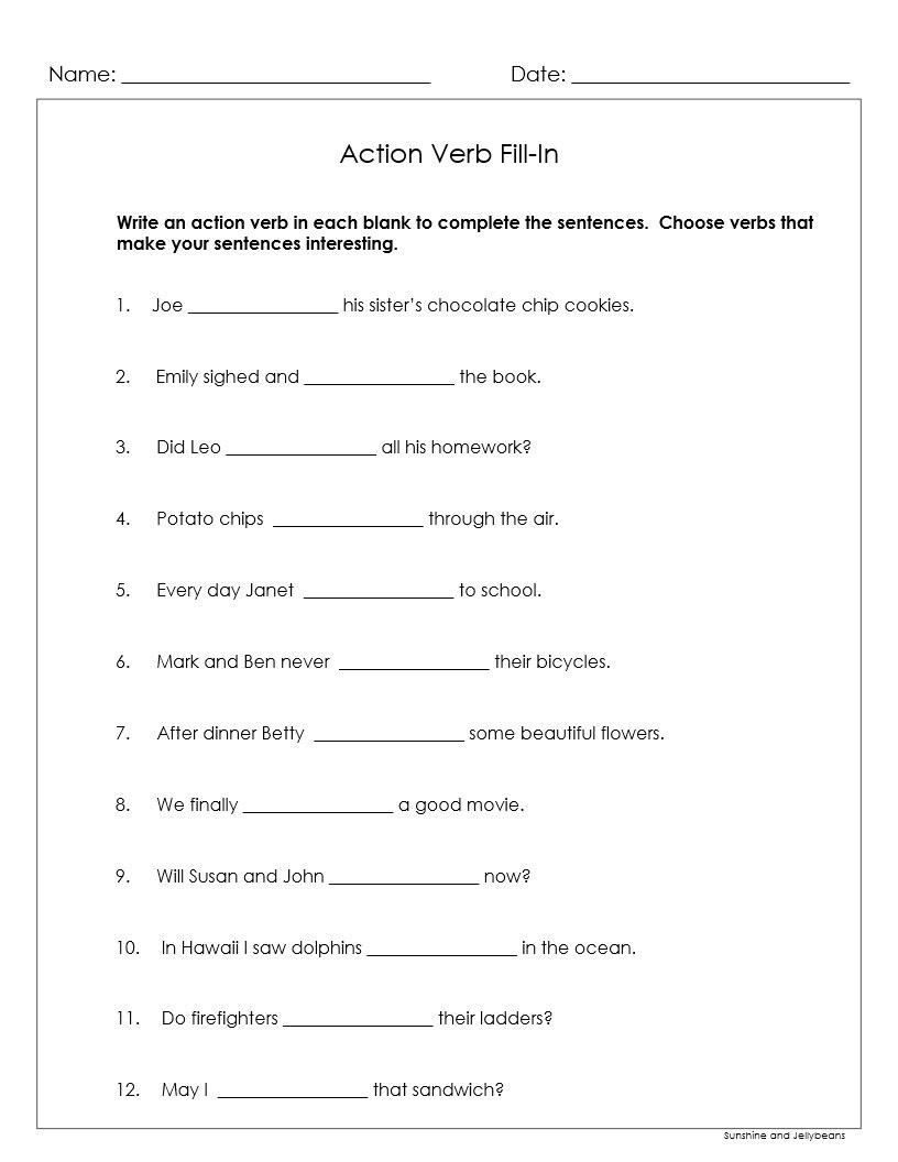 Action Verbs Practice - 3 Worksheets - Fill-in / Writing - Grades 3-4 ...
