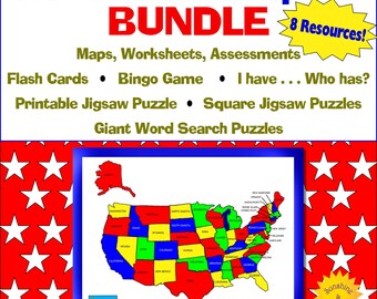 Mapas, hojas de trabajo, tarjetas didácticas, bingo, rompecabezas y actividades sobre los estados y capitales de EE. UU.