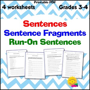 Könnte beinhalten: Ein Set aus vier druckbaren PDF-Arbeitsblättern für die Klassen 3-4 mit Übungen zu Sätzen, Satzfragmenten und Bandwurmsätzen. Die Seiten enthalten nummerierte Listen mit Leerzeilen für Antworten sowie ein gelbes Sonnen-Logo.