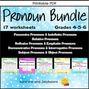 Pronomen Bündel - Arten von Pronomen, Wortarten, Schrift, Grammatik - 17 Arbeitsblätter, Klasse 4-5-6