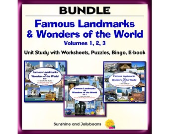 Famous Landmarks and Wonders of the World Vol 1,2,3 Bundle with ebooks and Bingo games - Geography Grades 3, 4, 5, 6