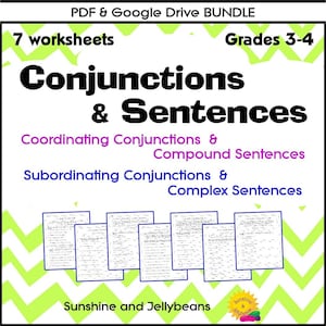 May include: A printable worksheet bundle for grades 3-4, featuring 7 worksheets on conjunctions and sentences. The worksheets are titled "Coordinating Conjunctions & Compound Sentences" and "Subordinating Conjunctions & Complex Sentences". The worksheets are designed by Sunshine and Jellybeans.