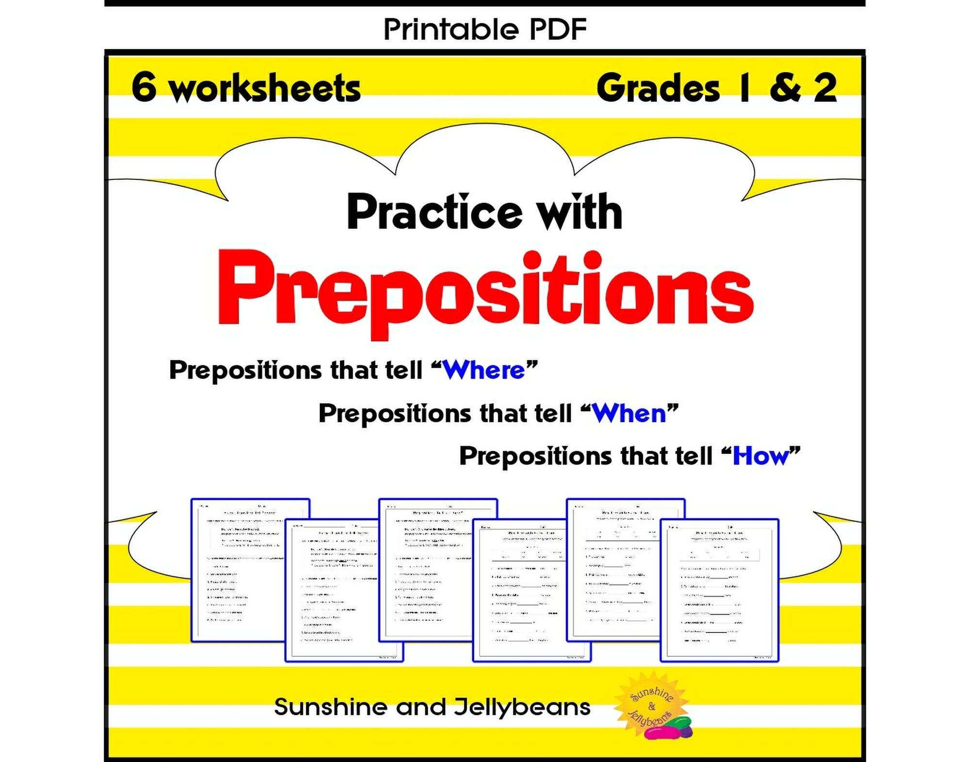 Practice with Prepositions - 6 worksheets - Grades 1 - 2 - Where-When-How - CCSS