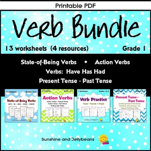 May include: A blue and white printable PDF bundle for first grade students. The bundle includes 13 worksheets covering state-of-being verbs, action verbs, and verb practice with the words "have", "has", and "had".
