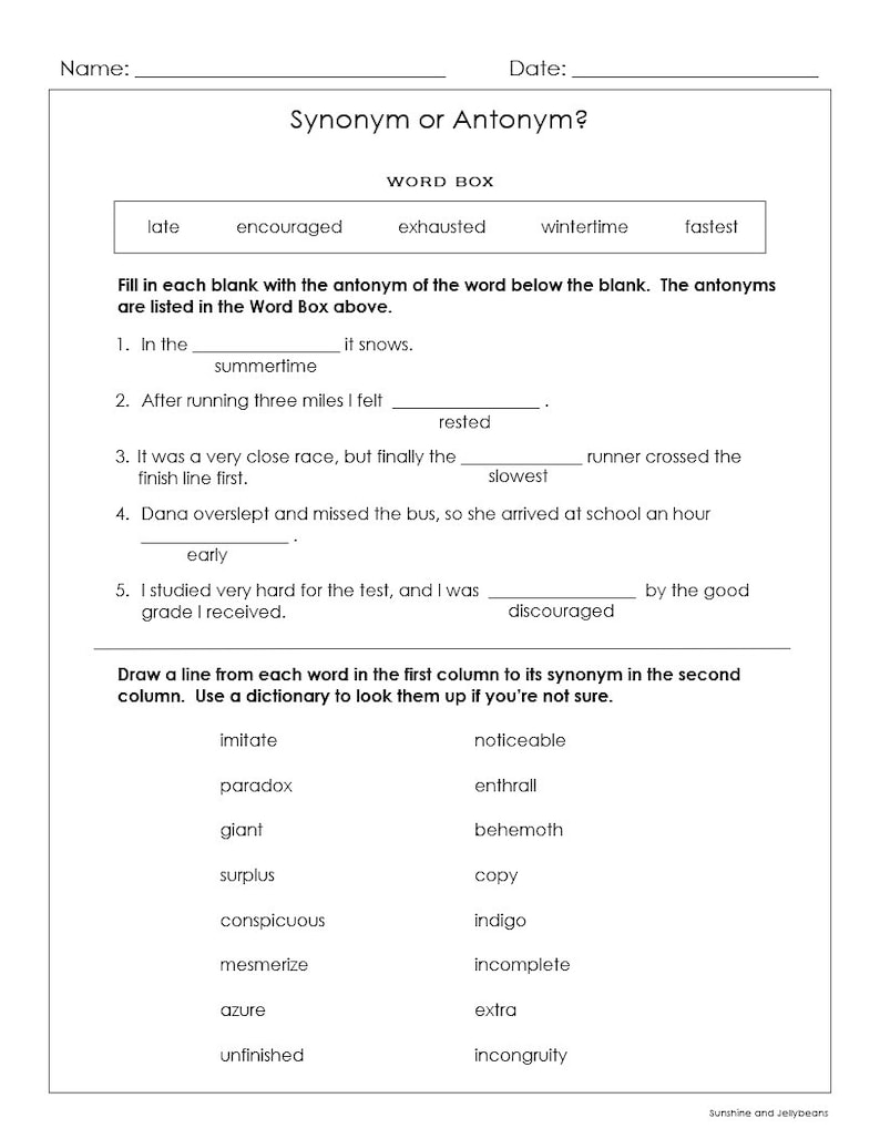 Synonyms or Antonyms 3 worksheets Dictionary Practice Grades 3-4 Working with Words CCSS image 4