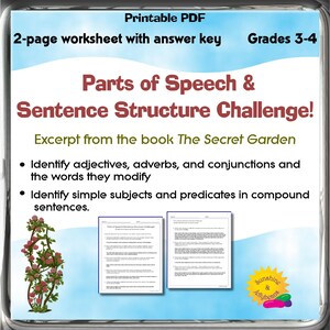 May include: A printable 2-page PDF worksheet for grades 3-4 titled Parts of Speech & Sentence Structure Challenge! featuring an excerpt from The Secret Garden. The document includes tasks to identify adjectives, adverbs, conjunctions, subjects, and predicates, with a rose vine illustration and a Sunshine & Jellybeans logo.