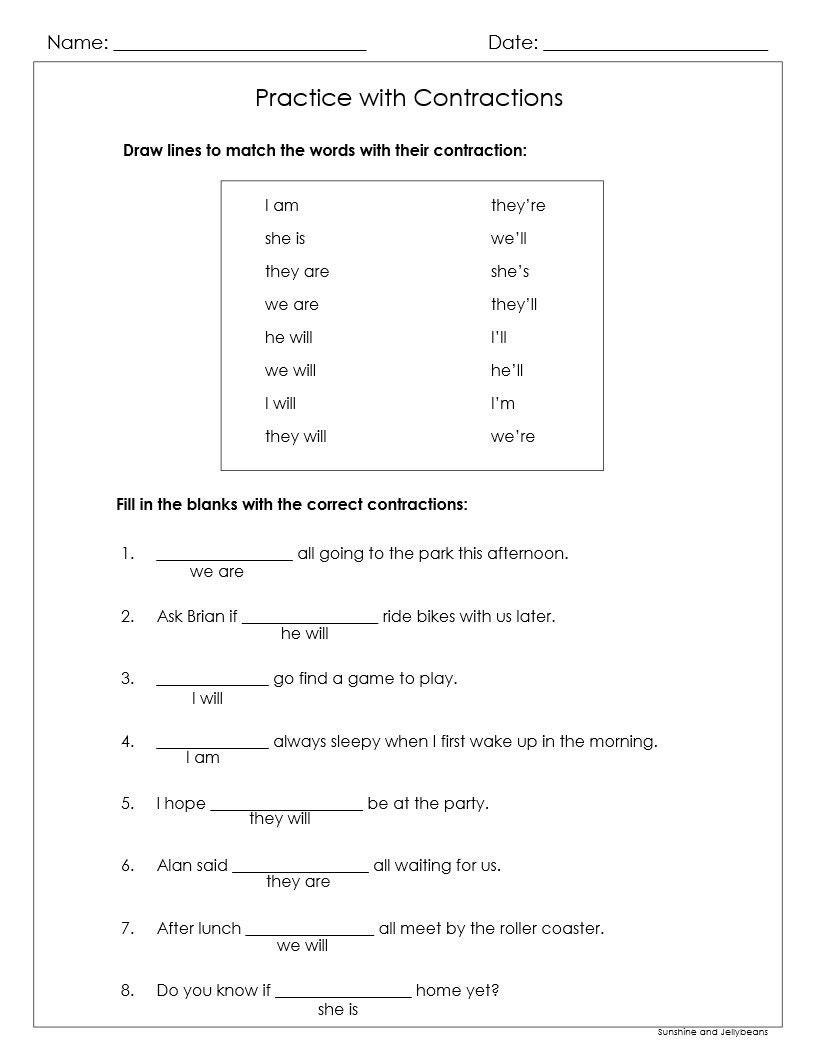 Practice With Contractions - 3 Worksheets - Grade 2 - Matching and ...