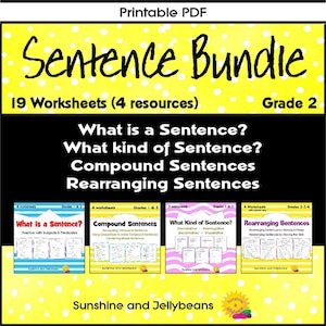 Puede incluir: Un PDF amarillo imprimible con lunares blancos. El texto "Sentence Bundle" está escrito en cursiva negra. El texto "19 Worksheets (4 resources)" está escrito en negro. El texto "Grade 2" está escrito en negro. El texto "What is a Sentence? What kind of Sentence? Compound Sentences Rearranging Sentences" está escrito en negro. Hay cuatro imágenes más pequeñas de hojas de trabajo con los títulos "What is a Sentence?", "Compound Sentences", "What Kind of Sentence?" y "Rearranging Sentences". El texto "Sunshine and Jellybeans" está escrito en negro.