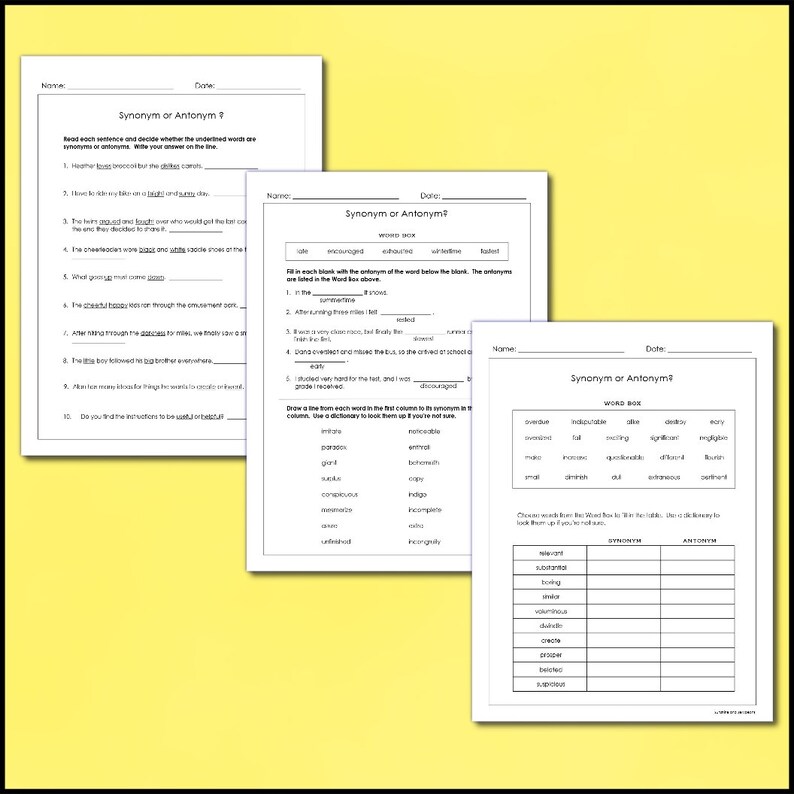 Synonyms or Antonyms 3 worksheets Dictionary Practice Grades 3-4 Working with Words CCSS image 2