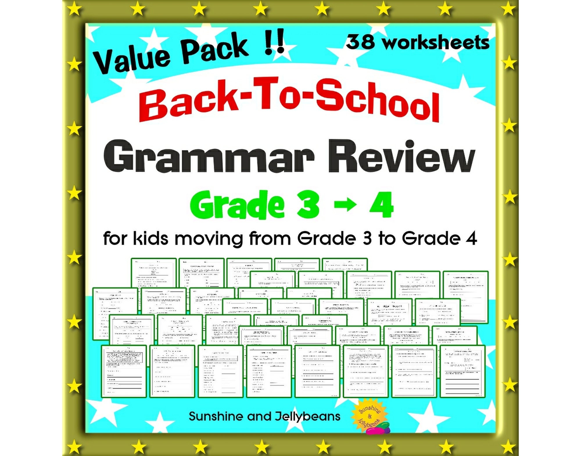 Back-to-School Grammar Review Grades 3-4 - Parts of Speech, Writing no-prep - 38 worksheets