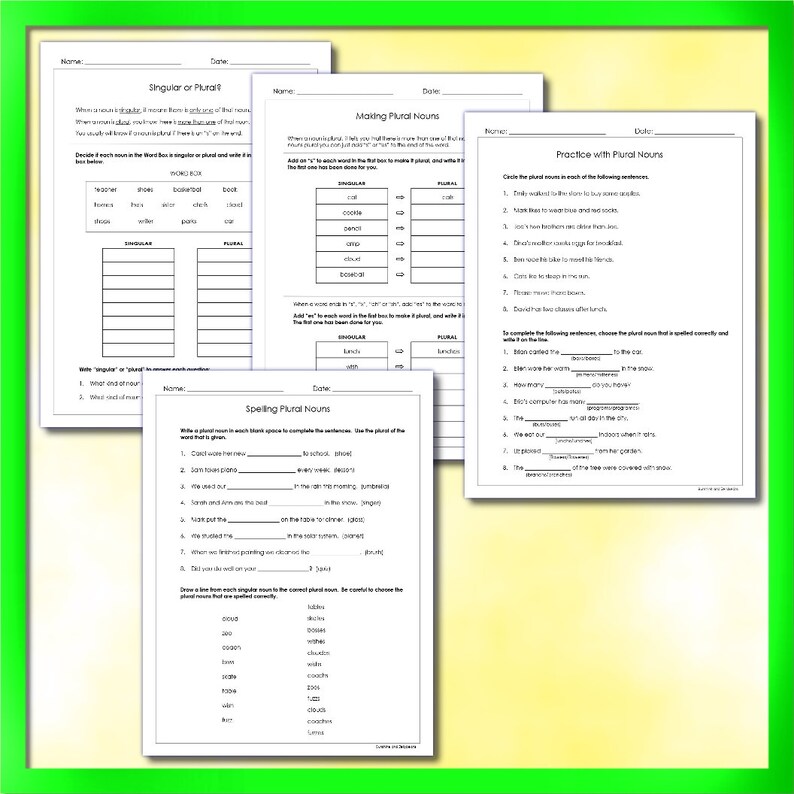 Singular and Plural Nouns 4 Practice Worksheets Grades 1-2 - Etsy