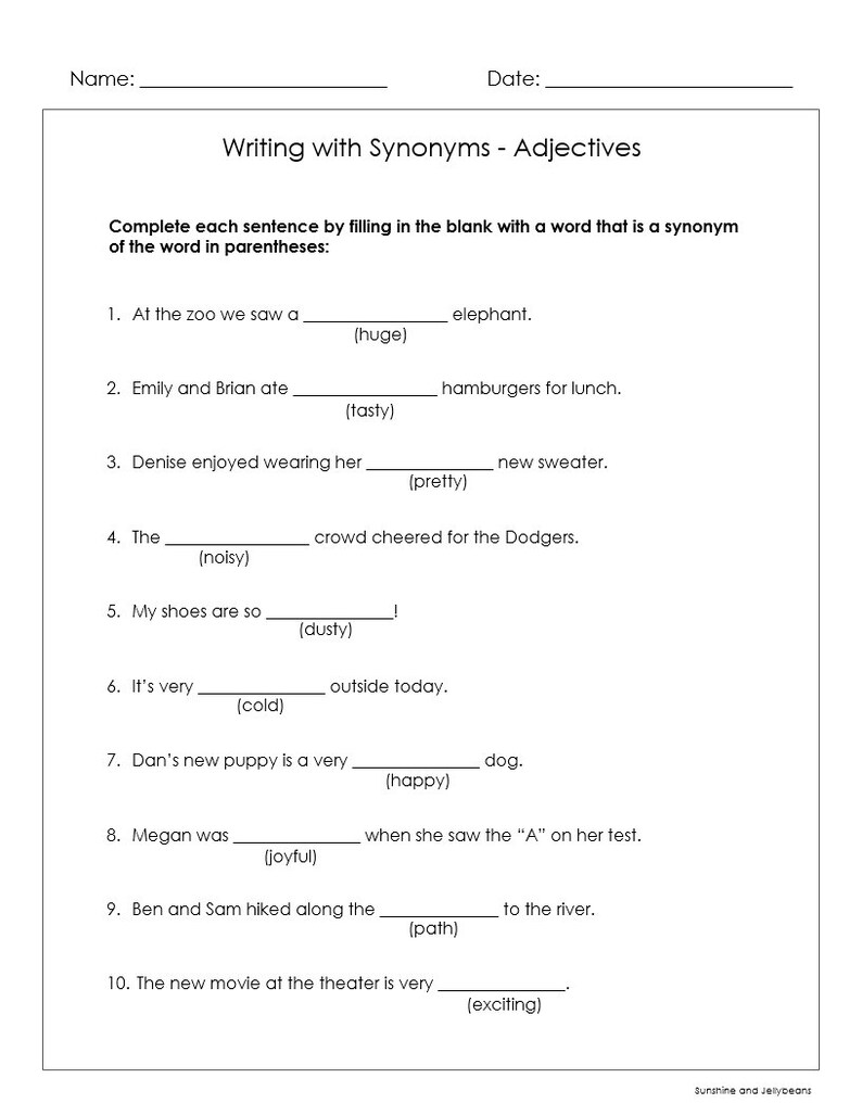 Synonyms Adjectives, Verbs, Nouns, Adverbs 9 Worksheets Grades 45 CCSS Etsy