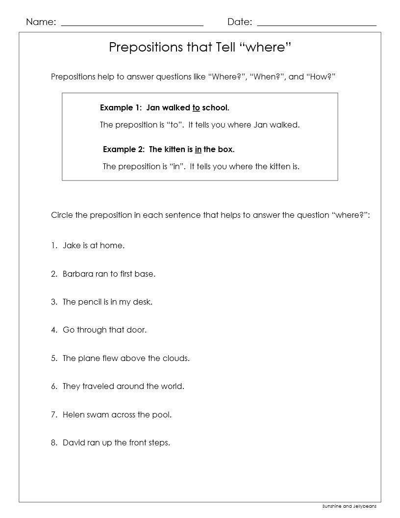 Practice With Prepositions 6 Worksheets Grades 1 2 Where-when-how CCSS ...