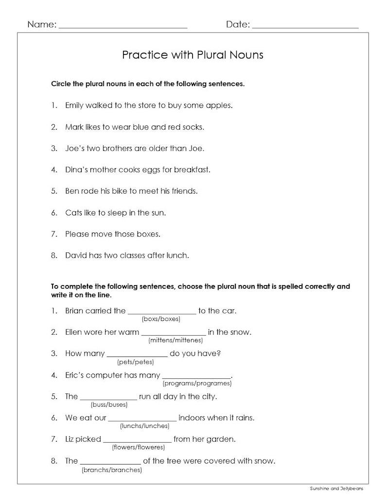 Singular And Plural Nouns 4 Practice Worksheets Grades 1 2 CCSS Etsy