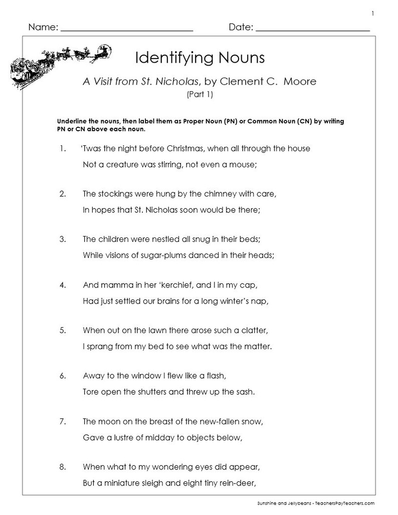 Identifying Nouns and Pronouns - A Visit From St. Nicholas - Twas the ...