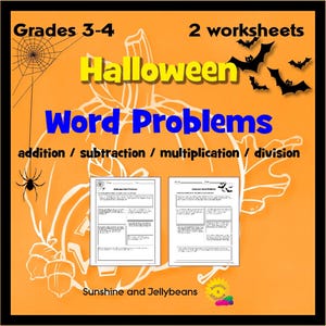 May include: Two black and white worksheets with a Halloween theme. The worksheets are titled "Halloween Word Problems" and include math problems for grades 3-4. The worksheets feature addition, subtraction, multiplication, and division problems.