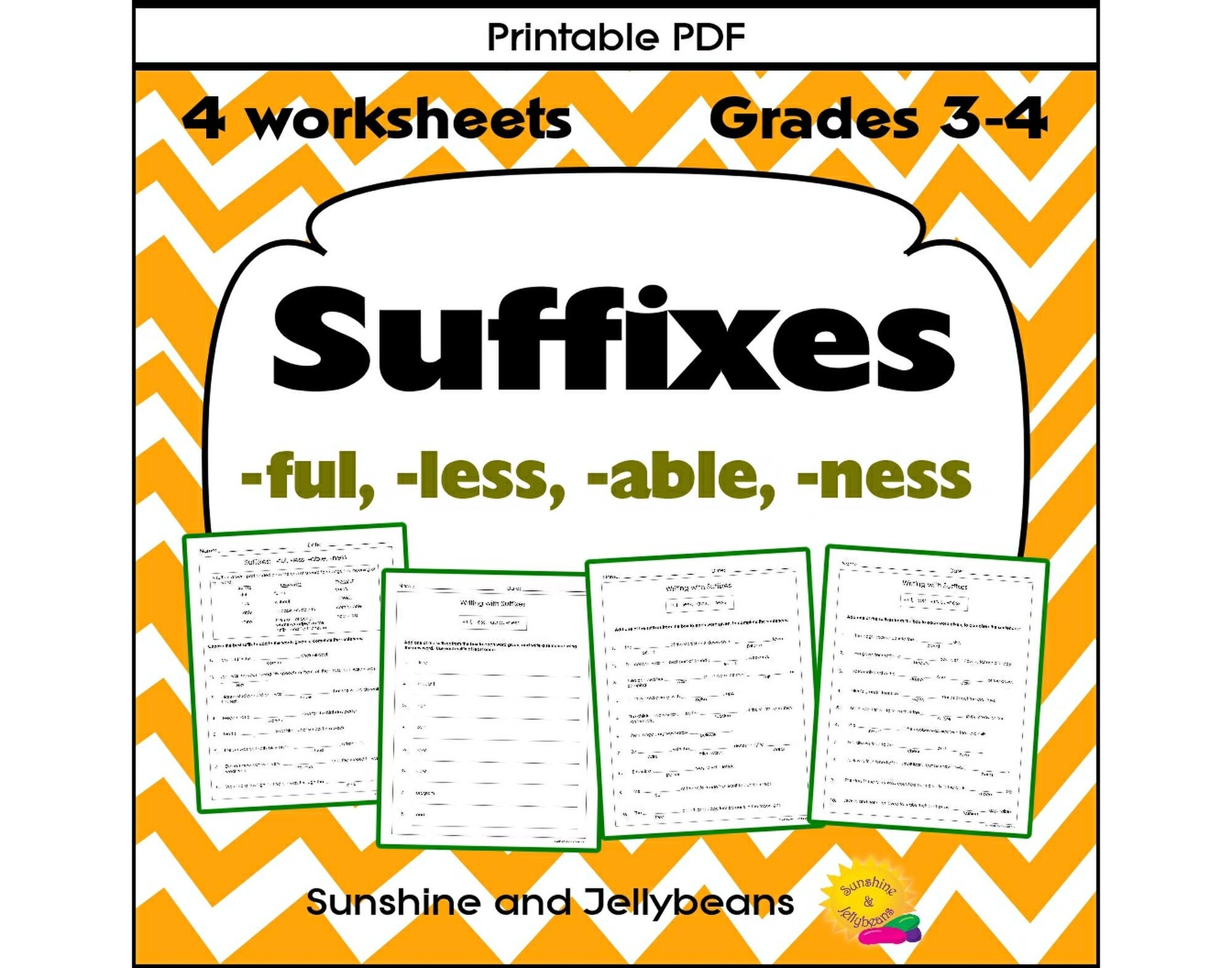 Suffixes "-ful" "-less" "-able" "-ness" - Parts of Speech, Grammar Writing no-prep - 4 worksheets with Explanations and Examples