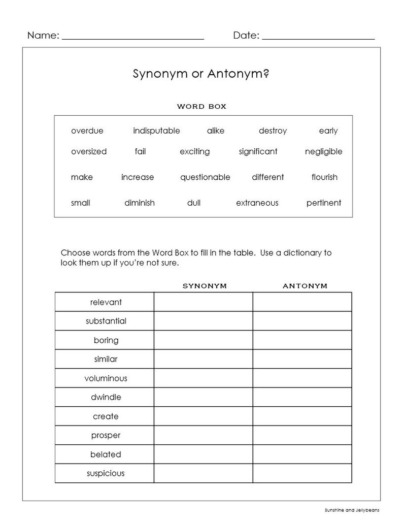 Synonyms or Antonyms 3 worksheets Dictionary Practice Grades 3-4 Working with Words CCSS image 5