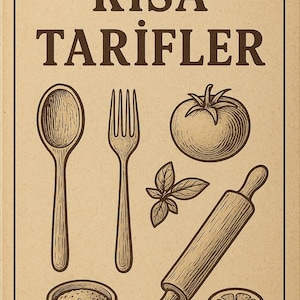 Könnte beinhalten: Eine Illustration im Vintage-Stil auf beigem Hintergrund mit Küchenutensilien und Zutaten. Das Bild zeigt einen Holzlöffel, eine Gabel, eine Tomate, Basilikumblätter, ein Nudelholz, eine Schüssel und eine Zitronenscheibe. Der Text "KISA TARIFLER" steht oben.