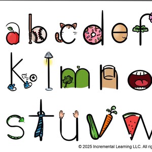 May include: A colorful alphabet illustration with each letter creatively designed. The letters are decorated with images like an apple, baseball bat, cat, donut, egg, flower, gorilla, horse, jellyfish, and more. The image includes the text "©2025 Incremental Learning LLC. All rights reserved."