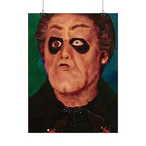 May include: A portrait poster featuring a man with dark eye makeup and a surprised expression. The artwork has a painted style with a green and brown color palette. The man is wearing a black outfit.