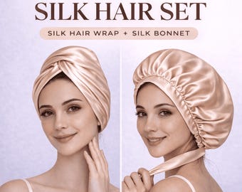 Conjunto de gorro y pañuelo para el cabello 100% seda de morera, cuidado del cabello sin calor y antiencrespamiento, regalo.