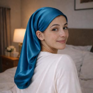 May include: A teal-colored satin sleep cap. The cap is draped over the head and extends down the back. The cap is made of a shiny, smooth fabric. The person in the image is wearing a white shirt.