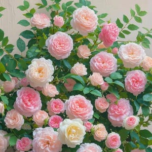 May include: A lush display of pink and cream roses in various stages of bloom, surrounded by vibrant green leaves. The roses range in color from soft pastels to vibrant pinks, creating a visually appealing floral arrangement.